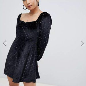 studded velvet mini dress with sweetheart neckline
